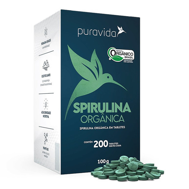 Spirulina Orgânica 500mg 200 Tabletes Puravida